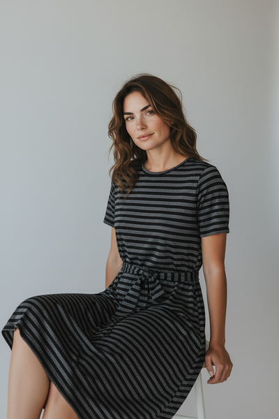 MODCLOTH BLACK AND METALLIC SILVER STRIPE DRESS