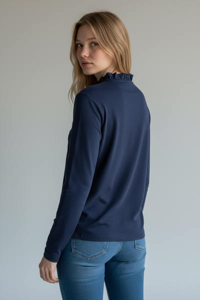 1960s NAVY BLUE TOP WITH RUFFLE COLLAR