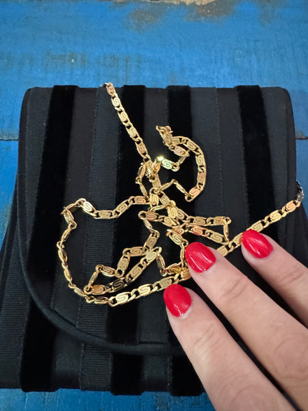 VINTAGE BLACK VELVET STRIPED EVENING BAG WITH LONG GOLD CHAIN