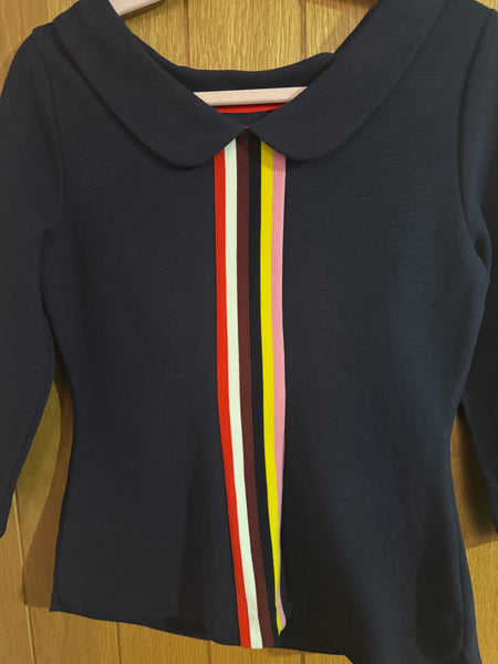 BODEN NAVY TOP WITH RAINBOW STRIPES