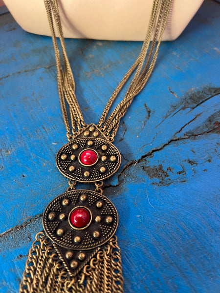 VINTAGE BRONZE AND RED LARGE PENDANTS NECKLACE