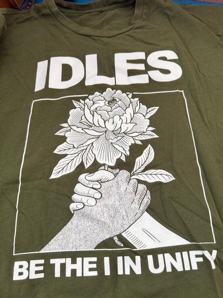 NEW IDLES BAND KHAKI GREEN AND WHITE T-SHIRT