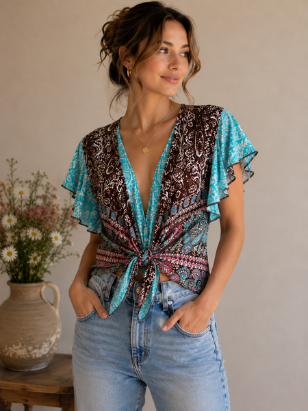 BIGG BULL SILK MIX BLUE AND PINK WRAP TOP