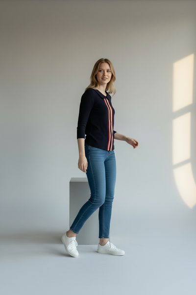 BODEN NAVY TOP WITH RAINBOW STRIPES