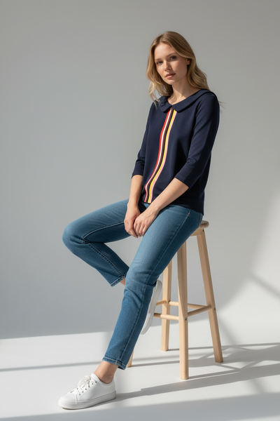 BODEN NAVY TOP WITH RAINBOW STRIPES