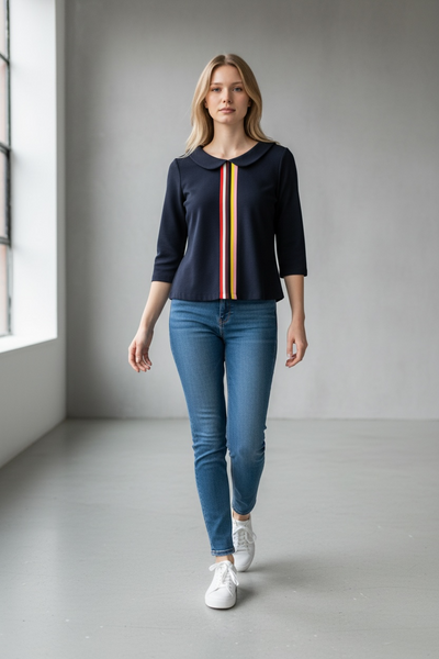 BODEN NAVY TOP WITH RAINBOW STRIPES