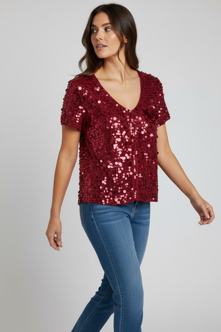 VINTAGE DEBENHAMS RED SEQUIN TOP WITH CORSAGE