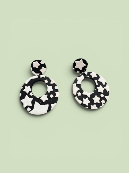 BLACK AND WHITE POLYMER CLAY STAR EARRINGS FOR PIERCED EARS