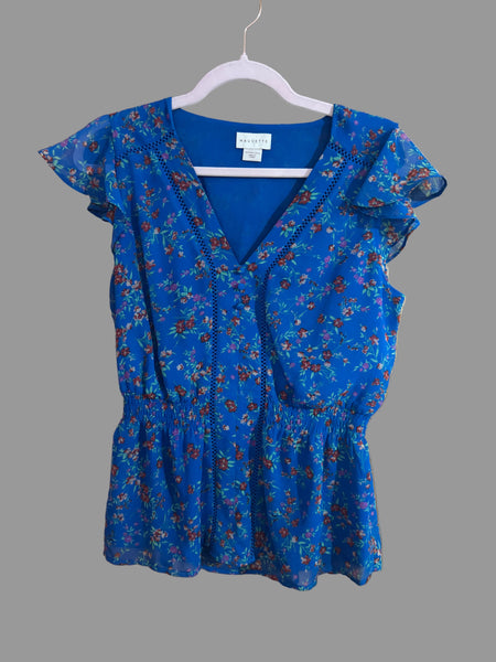 MAUVETTE BLUE AND RED DITSY FLORAL PRINT BLOUSE