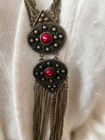 VINTAGE BRONZE AND RED LARGE PENDANTS NECKLACE