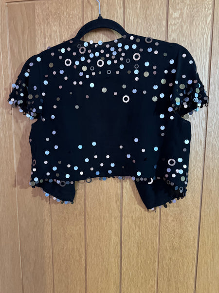 TOYAH BLACK SILK BOLERO TOP WITH SILVER AND BRONZE DISCS
