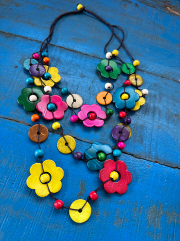 VINTAGE COLOURFUL WOODEN FLOWER PENDANTS NECKLACE