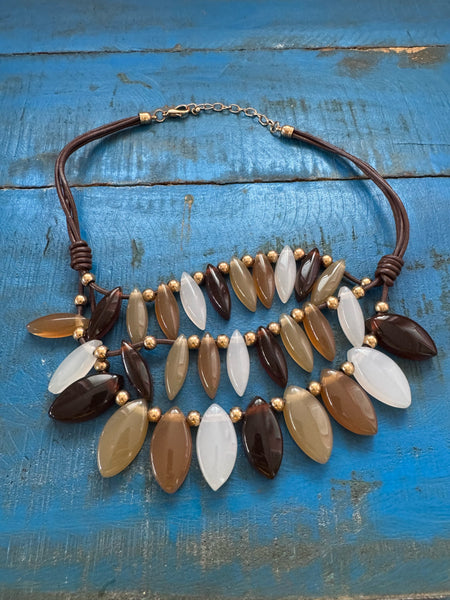 VINTAGE TRIPLE STRAND BROWNS AND WHITE LUCITE PENDANTS NECKLACE