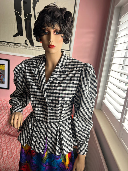 1980s PETER BARRON DESIGNER BLACK AND WHITE BLOUSE