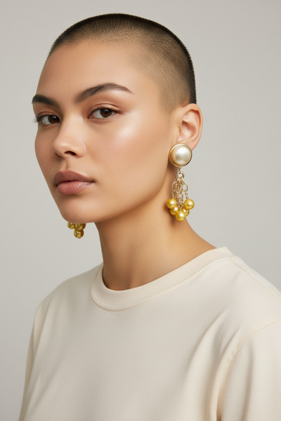 1980s PAIR OF CLIP ON PEARL EARRINGS WITH SHIMMER YELLOW  BEADS