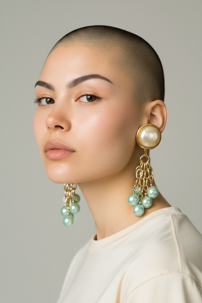 1980s PAIR OF CLIP ON PEARL EARRINGS WITH PASTEL GREEN  BEADS