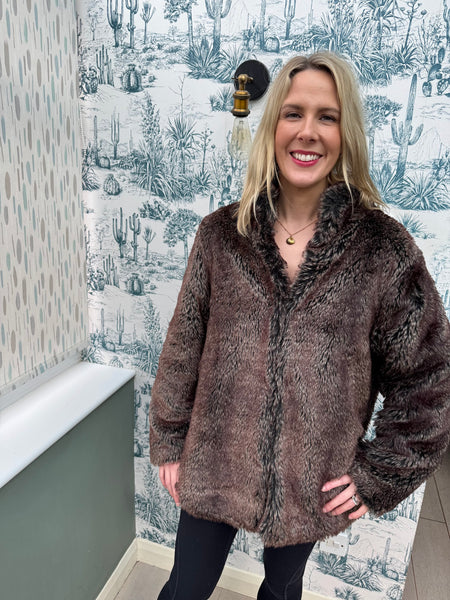 RETRO BROWN FAUX FUR COAT