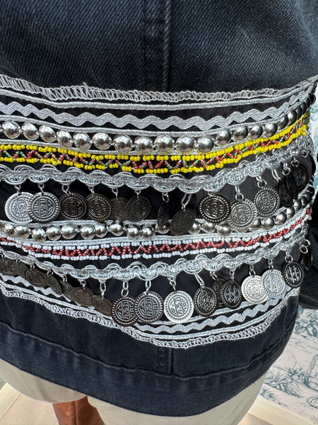 BLACK DENIM JACKET WITH BEADS AND COIN CHARMS