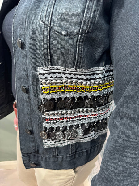 BLACK DENIM JACKET WITH BEADS AND COIN CHARMS