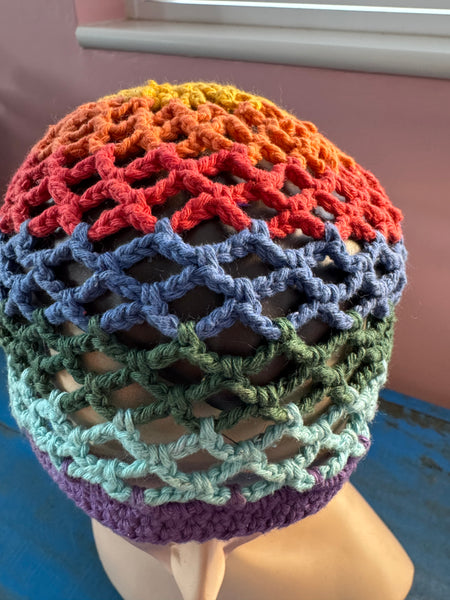 VINTAGE CROCHETED HEMP RAINBOW BEANIE HAT