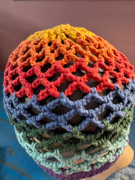 VINTAGE CROCHETED HEMP RAINBOW BEANIE HAT