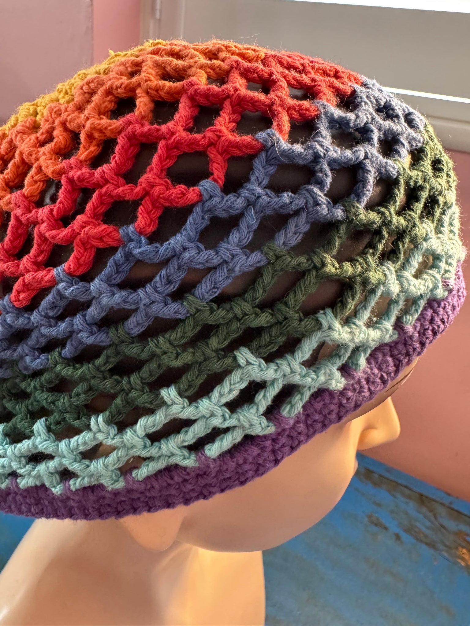 VINTAGE CROCHETED HEMP RAINBOW BEANIE HAT