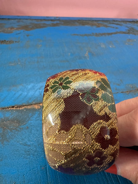 VINTAGE GOLD BANGLE WITH BURGUNDY AND GREEN FLOWERS