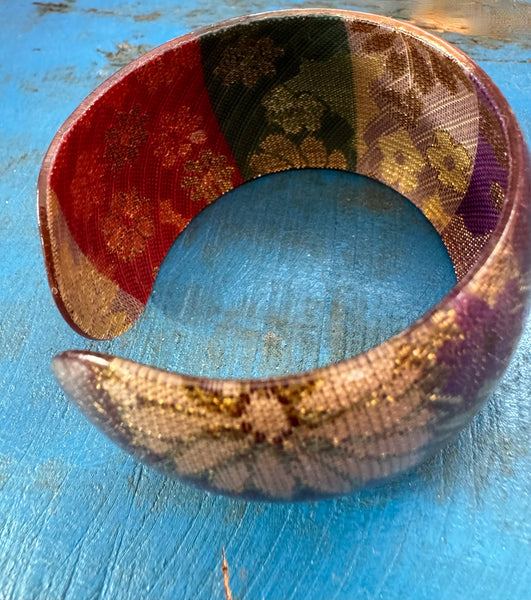 VINTAGE GOLD BANGLE WITH BURGUNDY AND GREEN FLOWERS