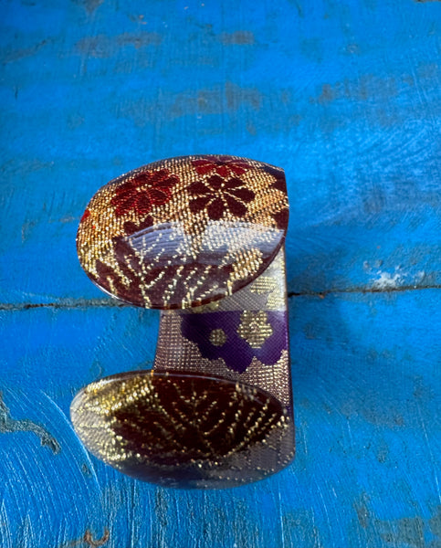 VINTAGE GOLD BANGLE WITH BURGUNDY AND GREEN FLOWERS