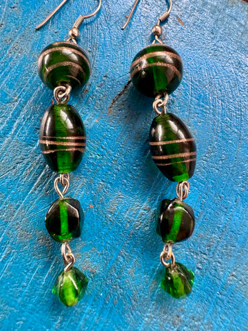 VINTAGE GREEN AND GOLD DANGLE EARRINGS FOR PIERCED EARS