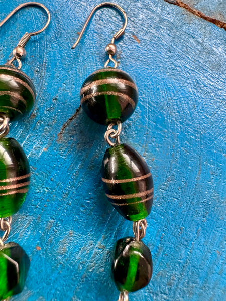 VINTAGE GREEN AND GOLD DANGLE EARRINGS FOR PIERCED EARS