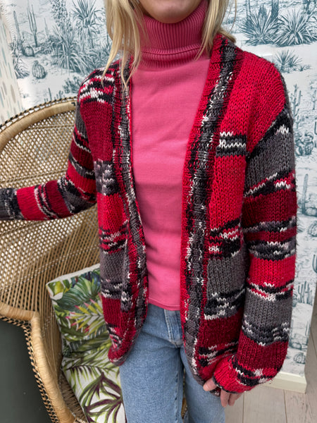 VINTAGE RED AND BLACK KNIT LONGER LENGTH CARDIGAN