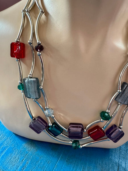 VINTAGE SILVER MULTI-STRAND NECKLACE WITH COLOURFUL STONES