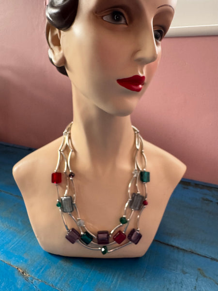 VINTAGE SILVER MULTI-STRAND NECKLACE WITH COLOURFUL STONES