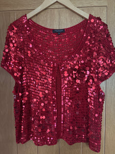 VINTAGE DEBENHAMS RED SEQUIN TOP WITH CORSAGE