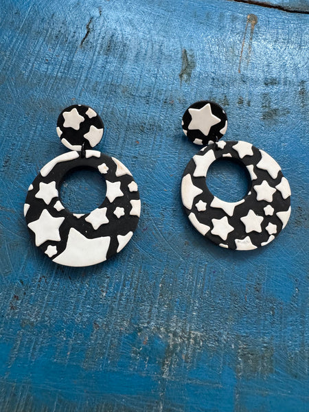 BLACK AND WHITE POLYMER CLAY STAR EARRINGS FOR PIERCED EARS