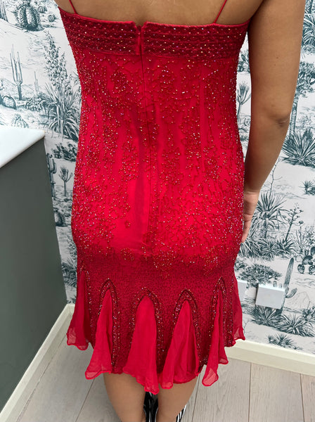 1990s AMANDA WAKELEY DESIGNER RED SILK BEADED DRESS